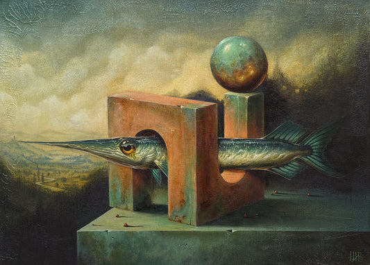 A thought-provoking work featuring a fish, geometric shapes, and a sphere against a traditional landscape background