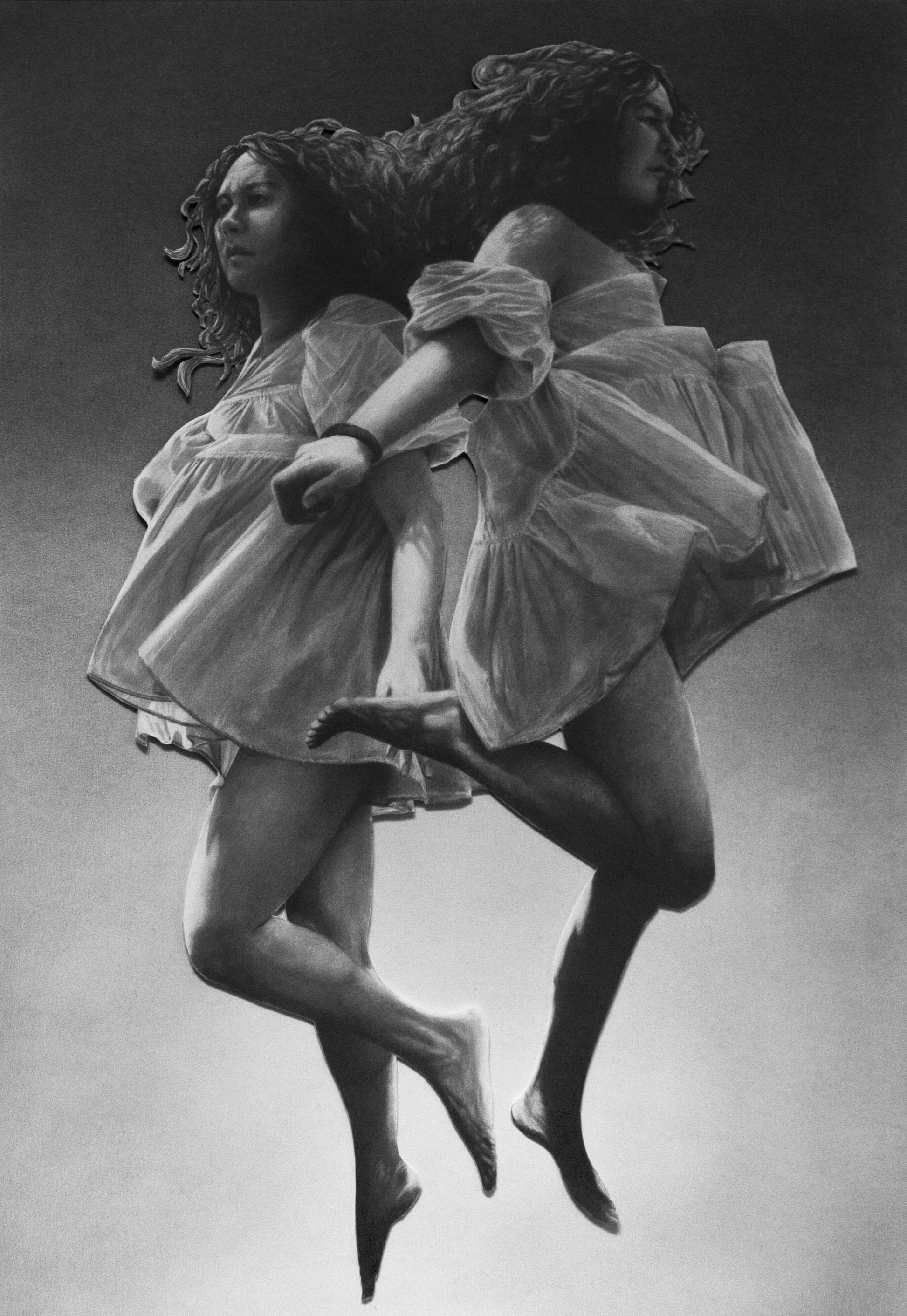 Black and white illustration of two women in dresses with long hair.
