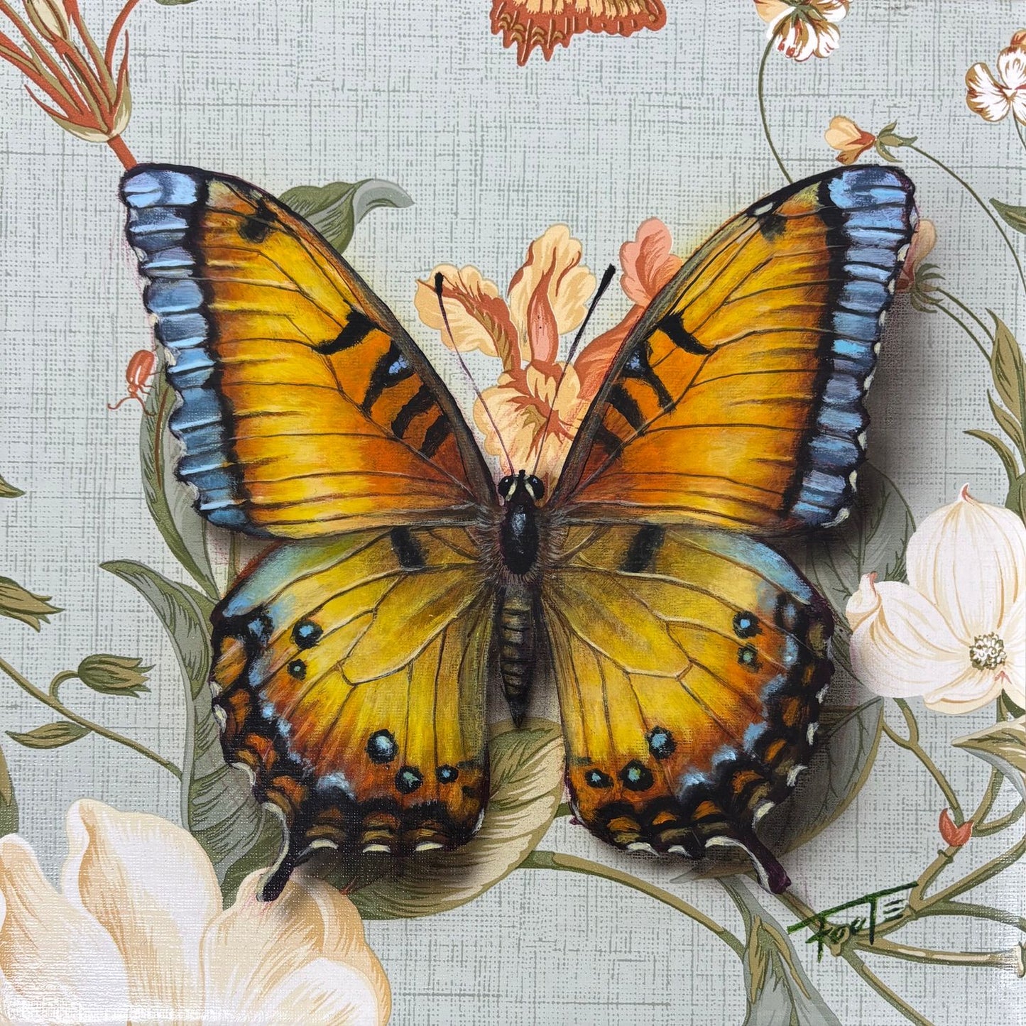 Butterfly on flowers with a detailed floral background