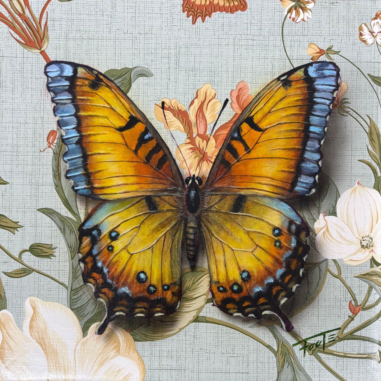 Butterfly on flowers with a detailed floral background