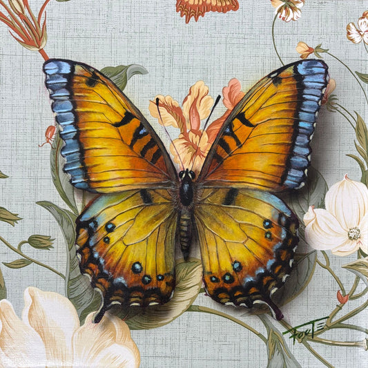 Butterfly on flowers with a detailed floral background