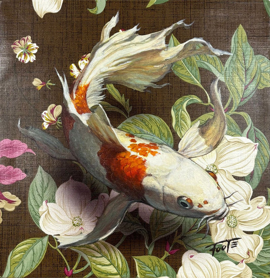 Decorative artwork of a koi fish among flowers and leaves on a textured background
