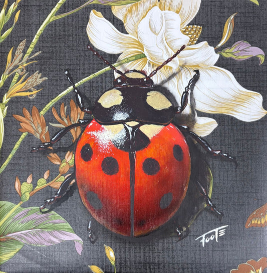 Painting of a red ladybug on a floral background