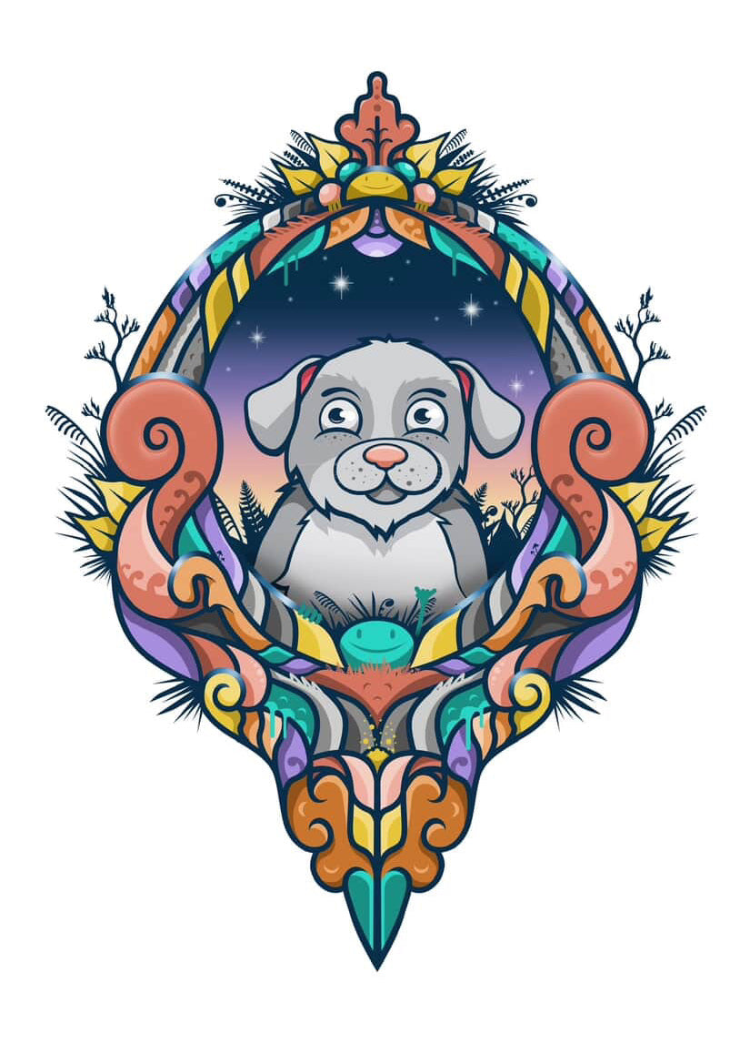 Colorful decorative frame with a central dog illustration on a white background