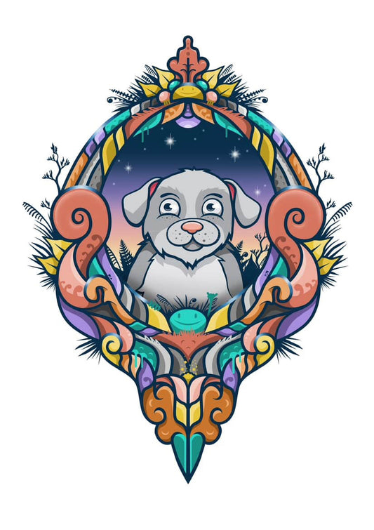 Colorful decorative frame with a central dog illustration on a white background