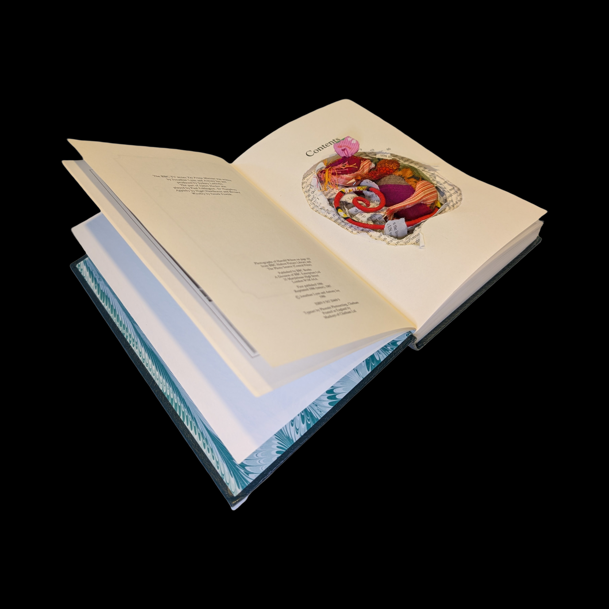 Textile taxidermy rodent nestled down in a book 