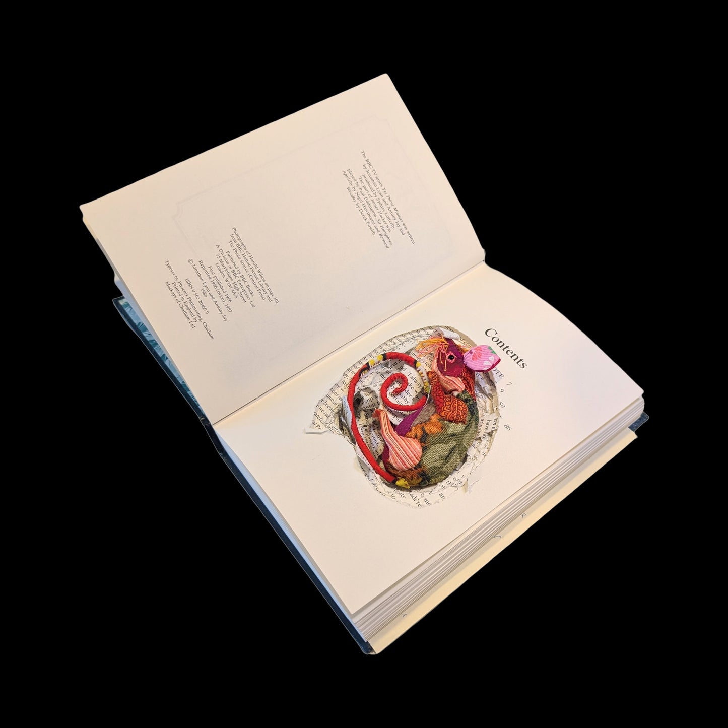 Textile taxidermy rodent nestled down in a book 