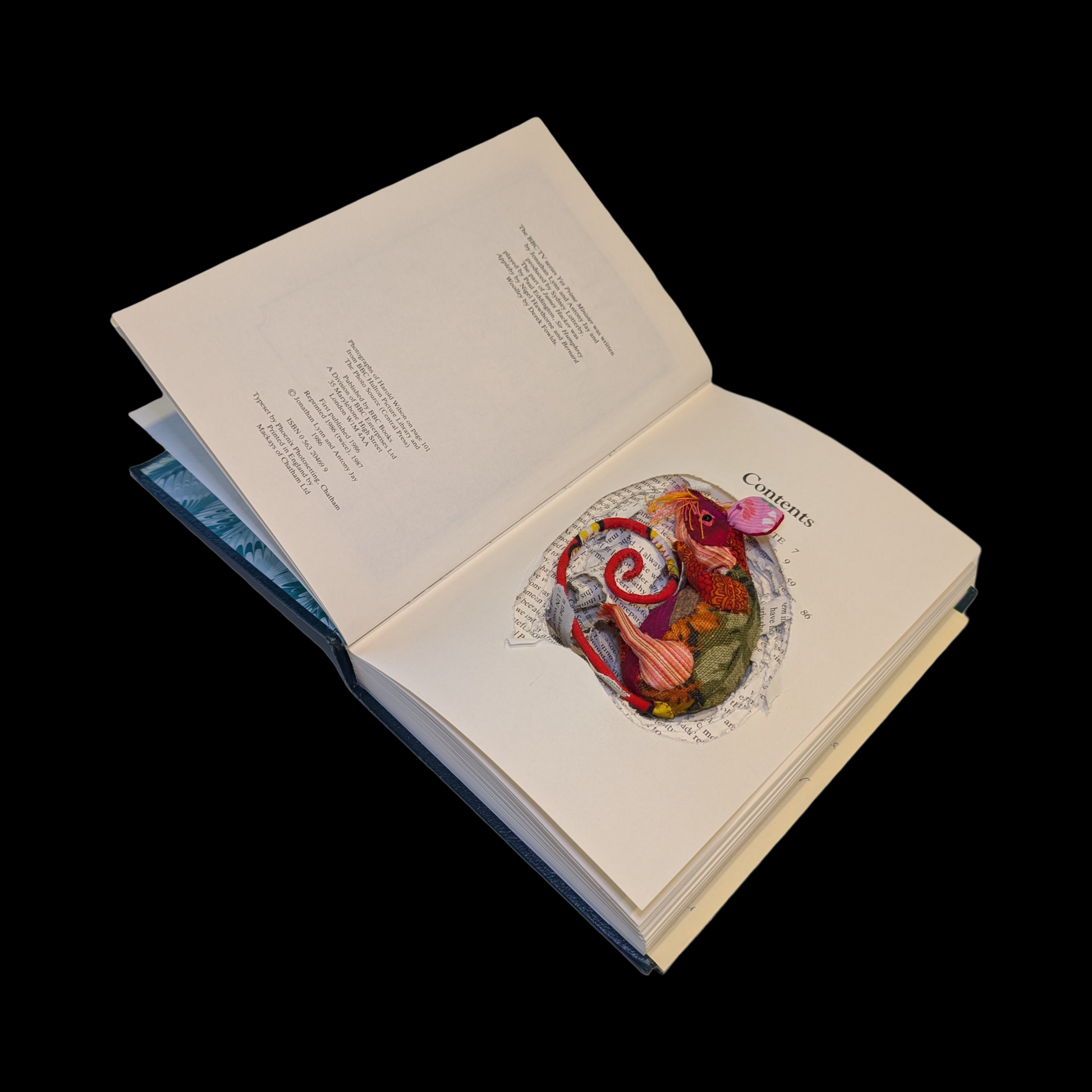Textile taxidermy rodent nestled down in a book 