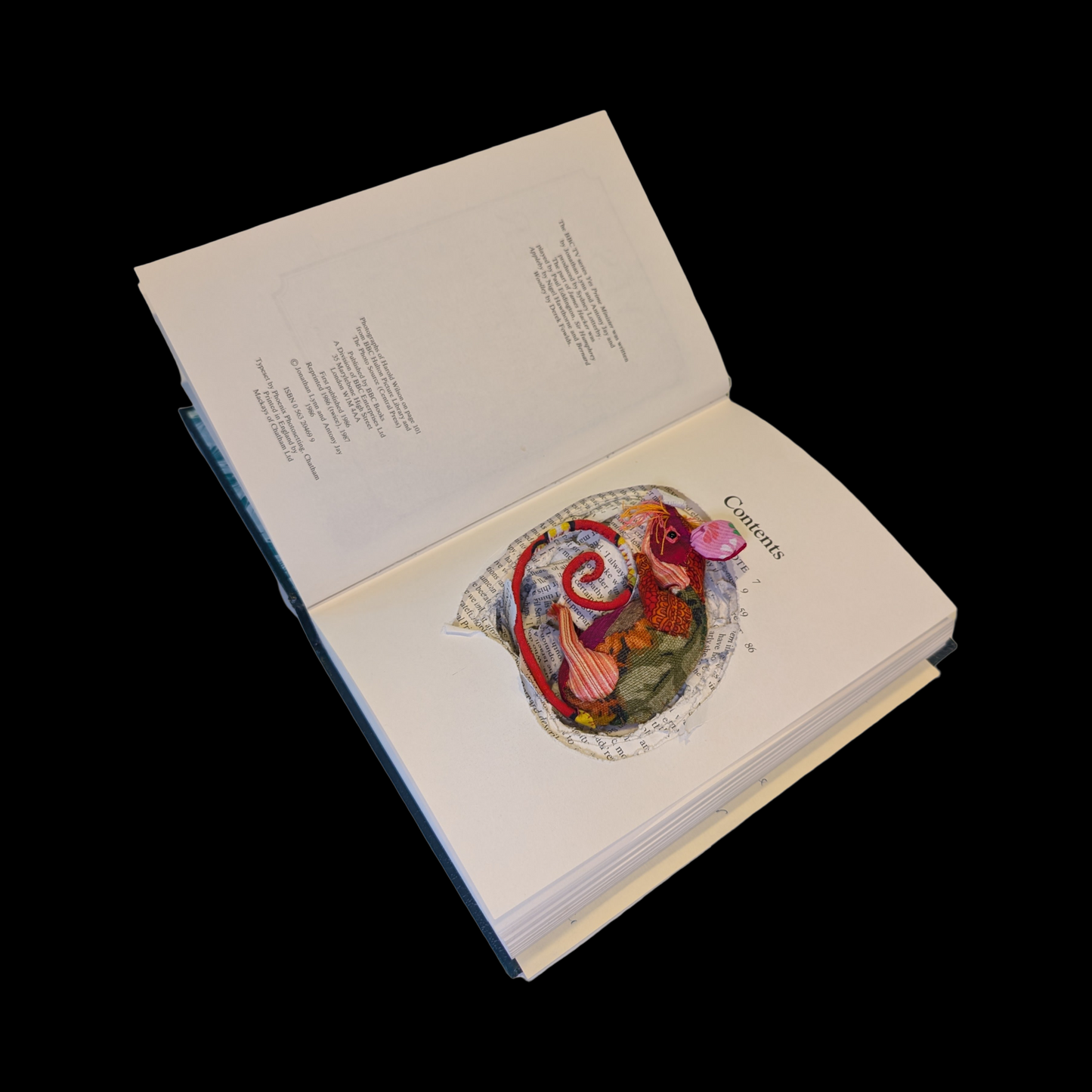 Textile taxidermy rodent nestled down in a book 