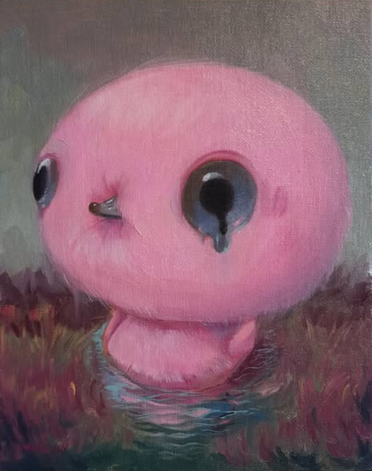 Illustration of a pink duck with large crying eyes in nature.