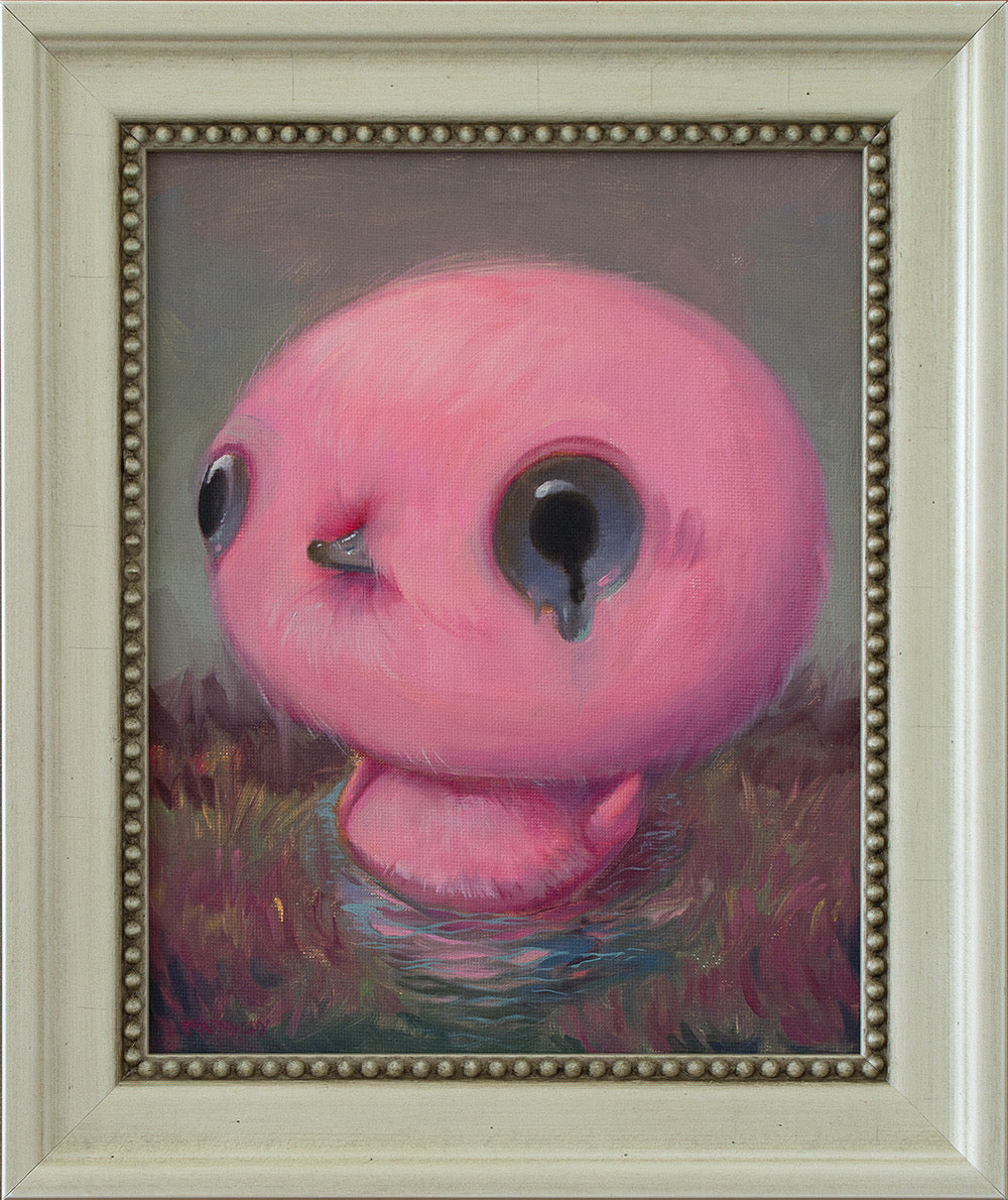 Framed painting of a pink duck with large crying eyes in nature.