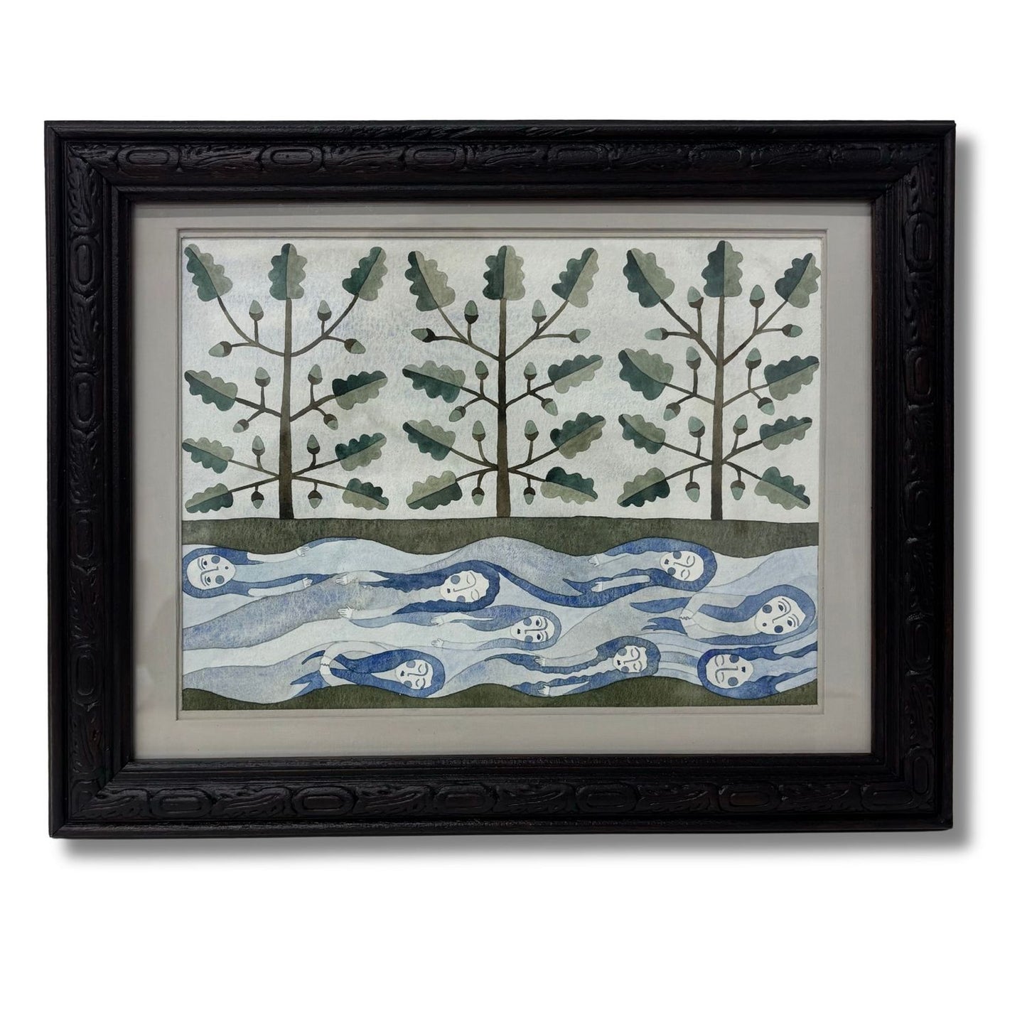 Framed artwork of trees, spirits and water.