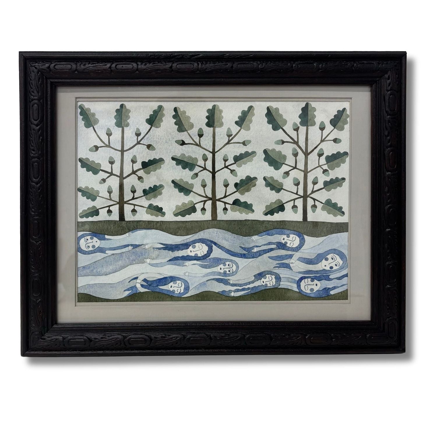 Framed artwork of trees, spirits and water.