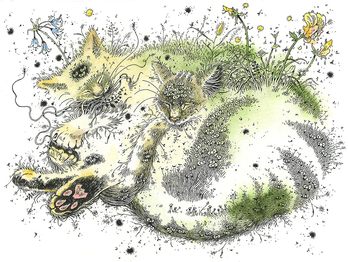 Ink illustration of two cats with grass and flowers as their fur.