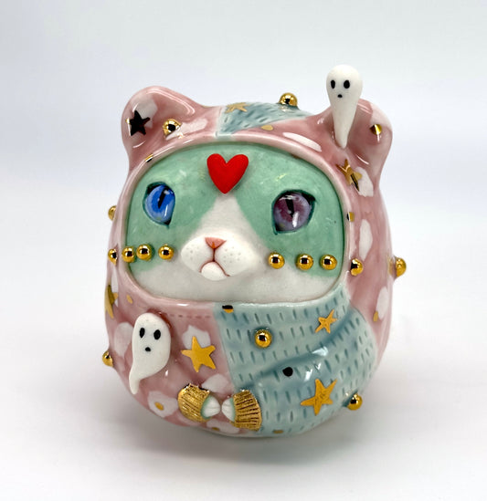 Colourful ceramic cat figurine with decorative elements by Ryoko Rio