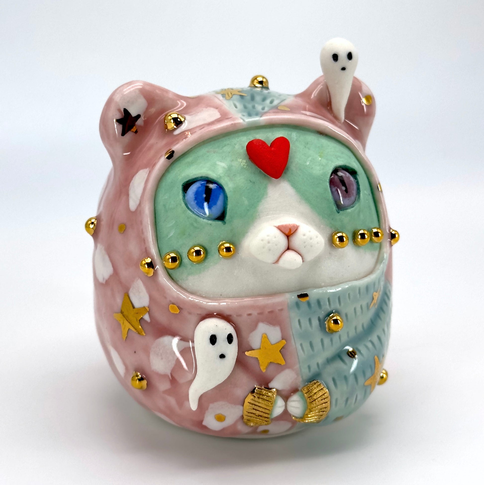 Colourful ceramic cat figurine with decorative elements by Ryoko Rio