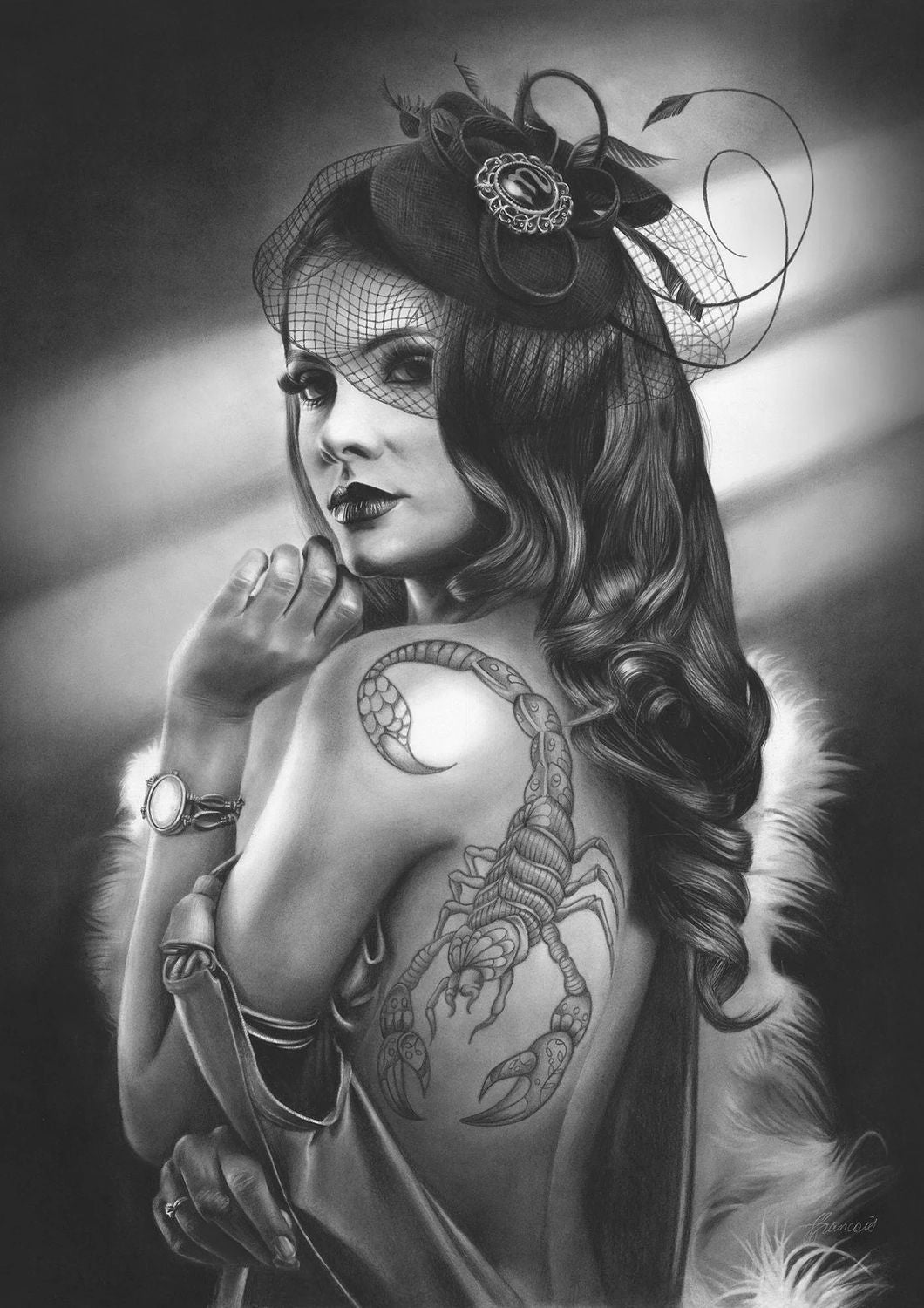 Black and white illustration of a woman with a scorpion tattoo on her back. Symbolic of the zodiac sign Scorpio