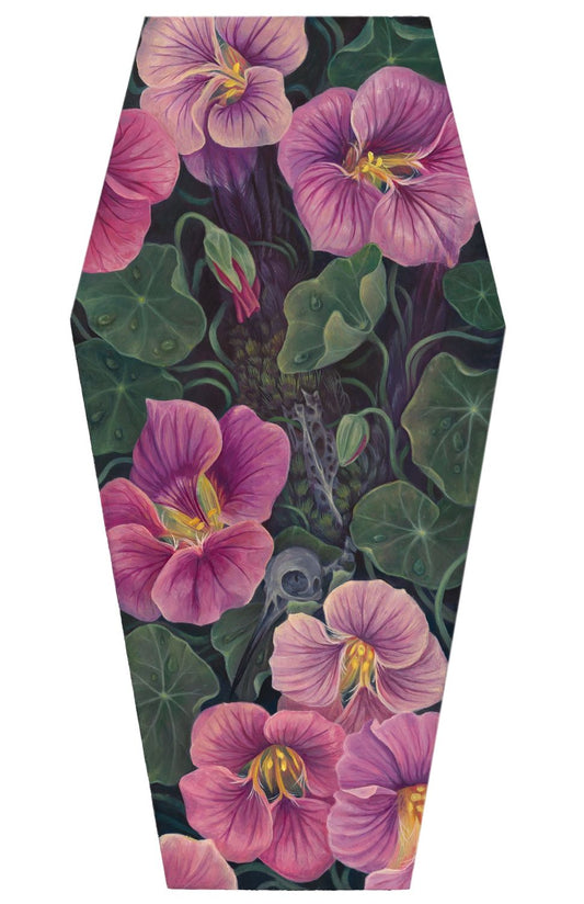 Sewn Together is an original painting on a coffin shaped panel illustrating the role of death and decay in the growth and renewal of flowers and undergrowth