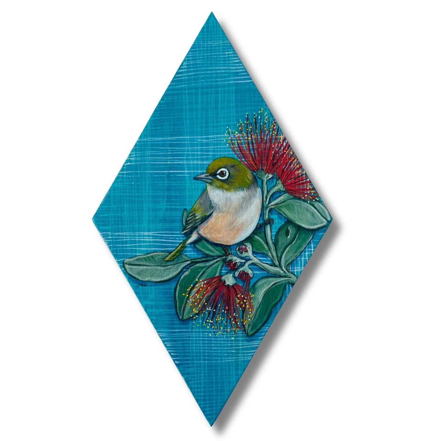 Silvereye and Pohutukawa flowers on birch panel 