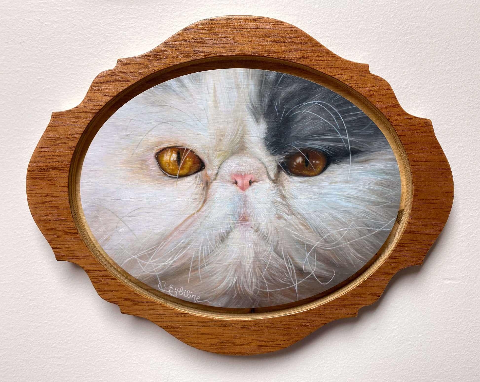 Laser cut framed painting of a fluffy cat with white and black fur and amber eyes.