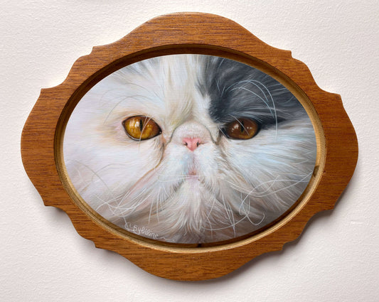 Laser cut framed painting of a fluffy cat with white and black fur and amber eyes.