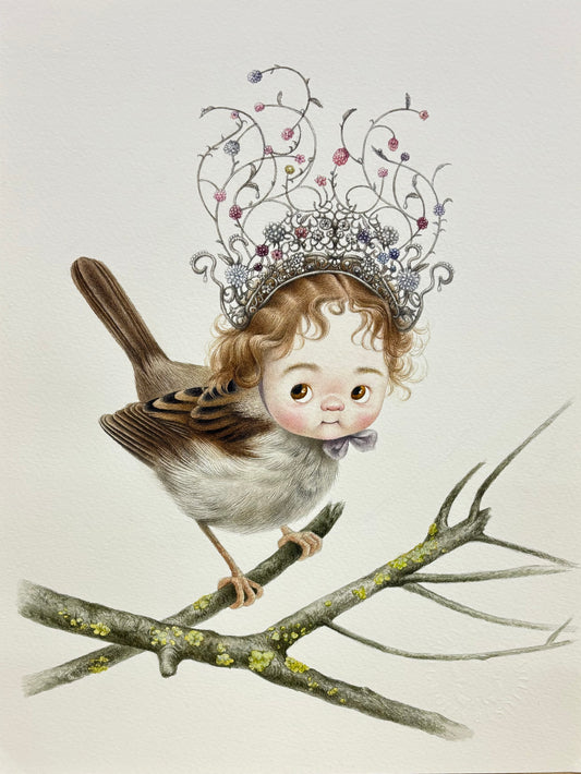 Illustration of a bird with a decorative crown on a branch