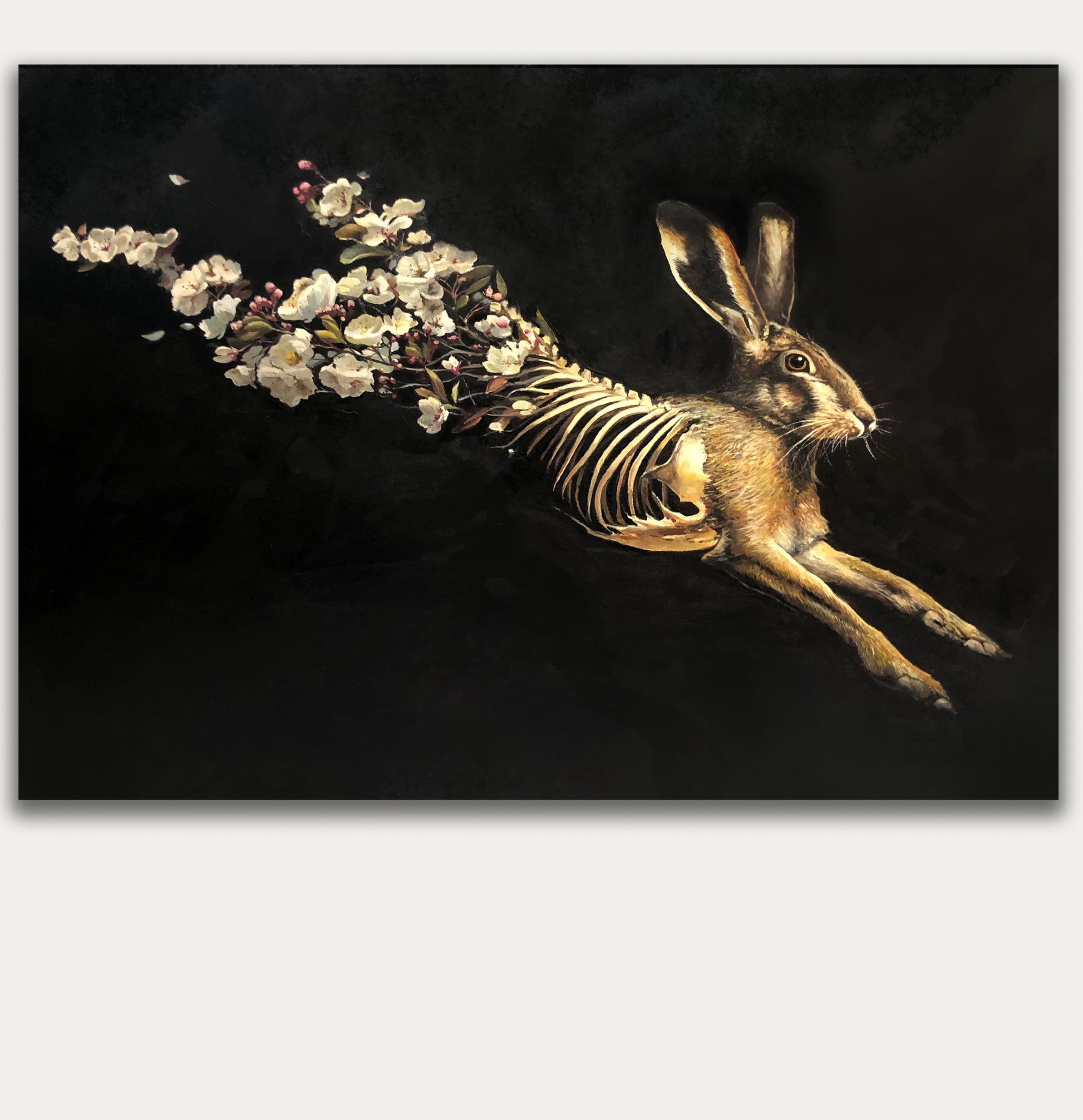 Realistic oil painting of a hare dissolving into flowers