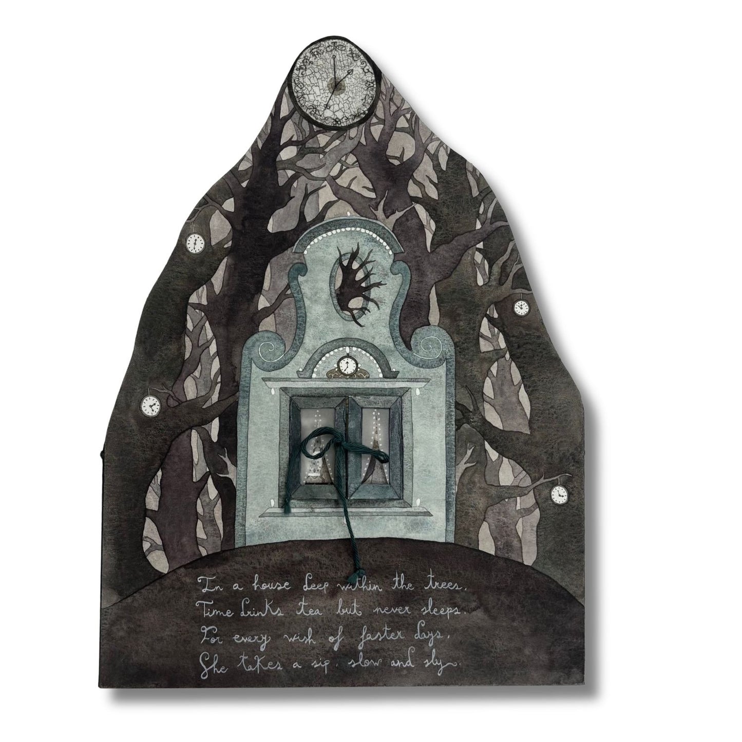 Shaped illustration resembling a clock celebrating the ritual of drinking tea