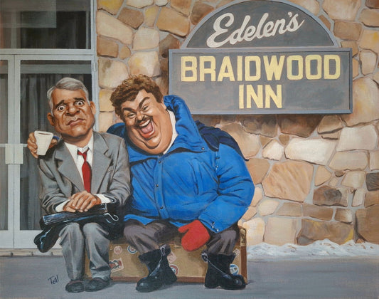Two caricatured characters sitting in front of Edeleen's Braidwood Inn sign.