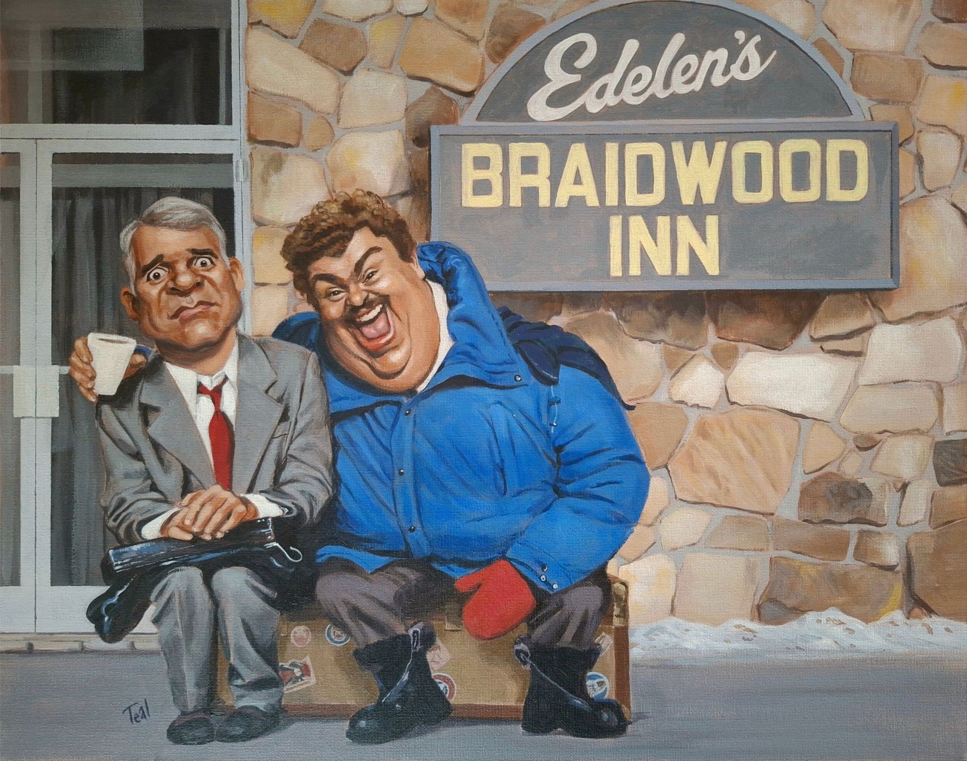 Two caricatured characters sitting in front of Edeleen's Braidwood Inn sign.