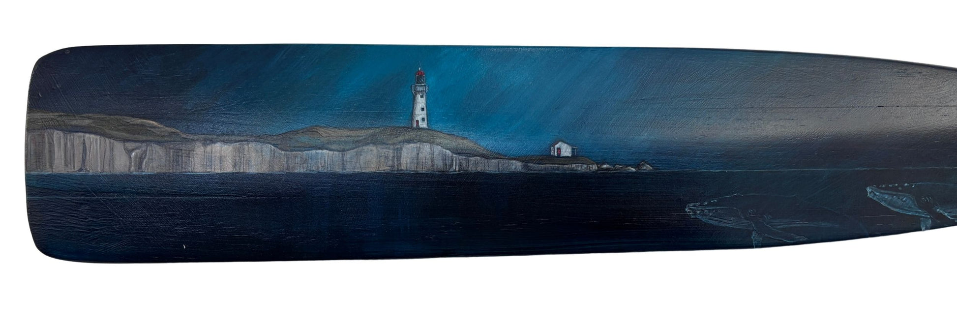 Oar with acrylic and pencil scene of a lighthouse and whales