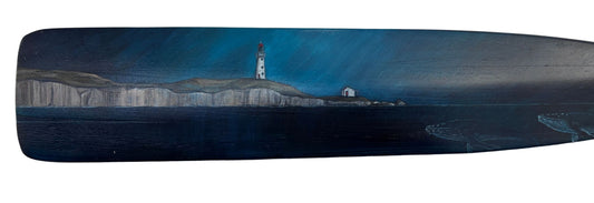 Oar with acrylic and pencil scene of a lighthouse and whales