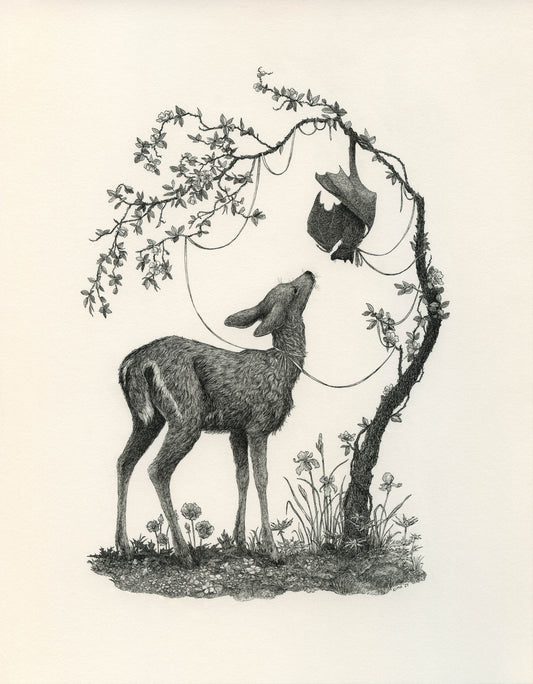 Black and white ink drawing of a deer, bat and rosetree