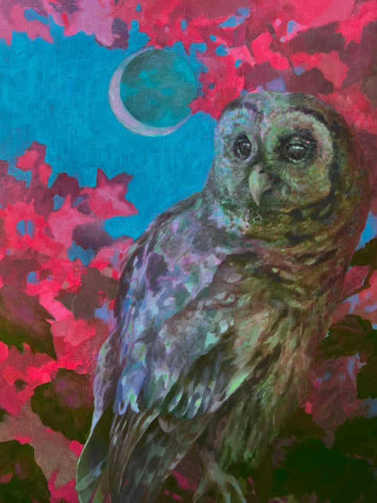 Tawny Oil among autumn leaves under a quarter moon.