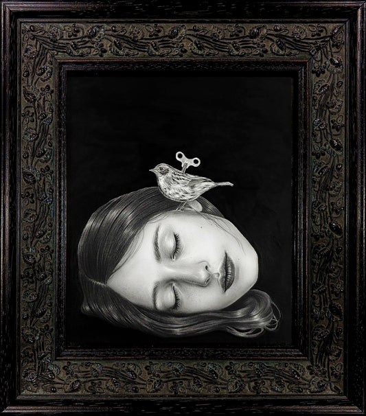Framed original drawing ‘The Wind Up Bird’ by Anna Kathleen