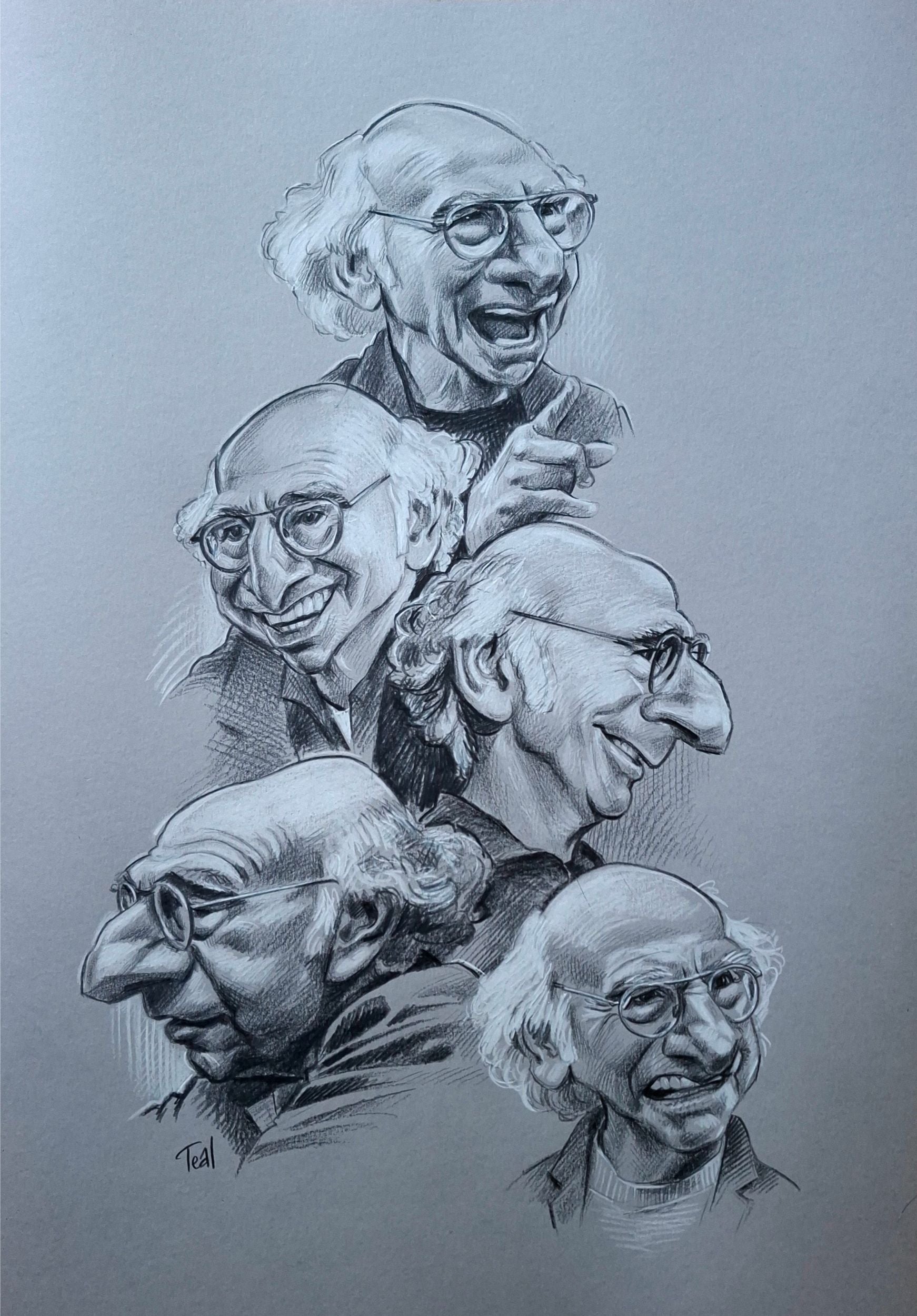 Pencil drawings of Larry David in various poses on a gray background
