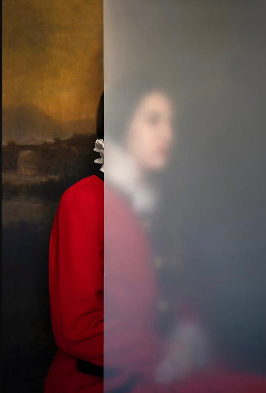 Partial view of a person wearing a red garment with a blurred background
