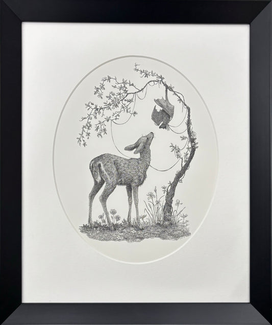 Framed artwork of a deer under a tree