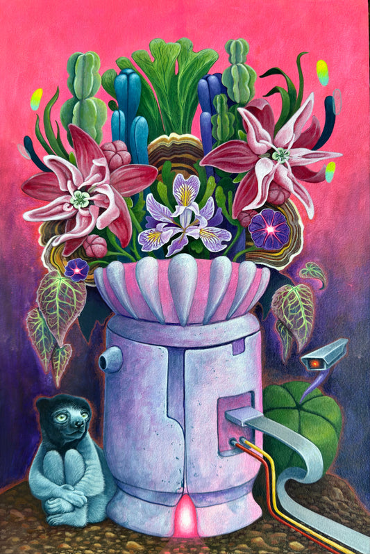 Original acrylic artwork of flowers and a lemur by Ryan Harris