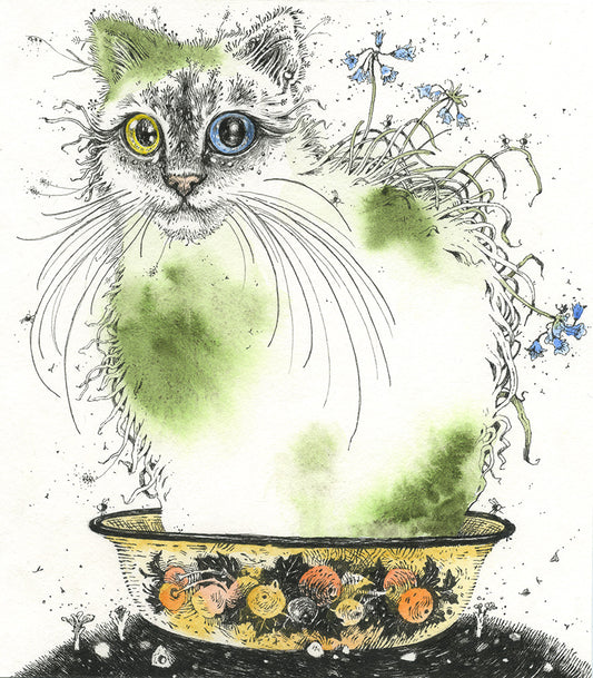 Illustration of a cat with colorful eyes sitting in a decorative bowl.