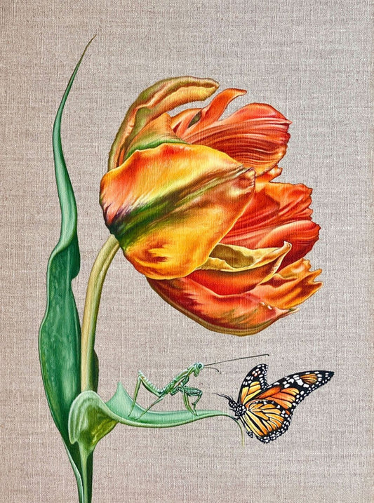 Limited edition print featuring a colourful tulip with a praying mantis and butterfly