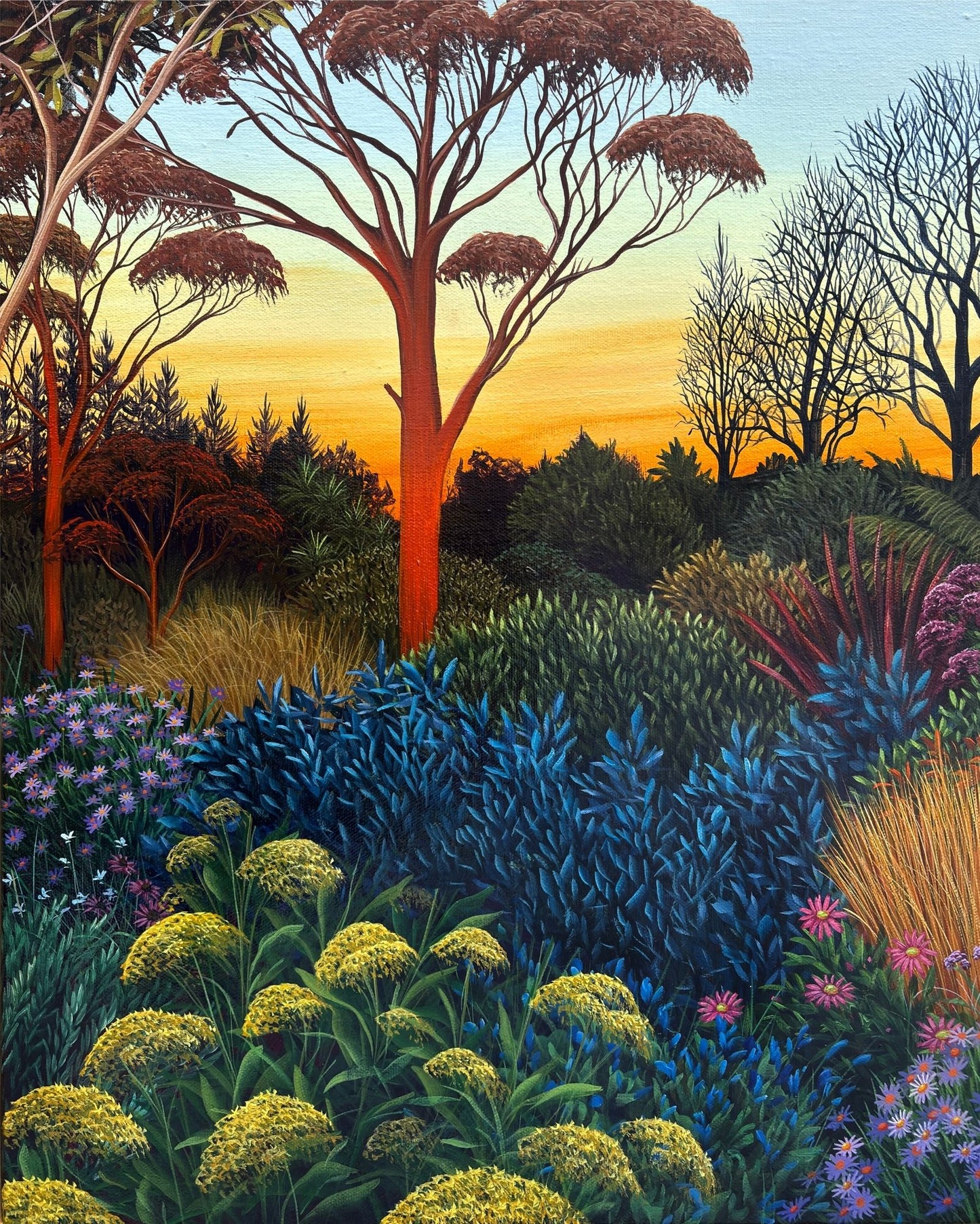 Close up of middle panel in original garden scape painting from Anna Evans