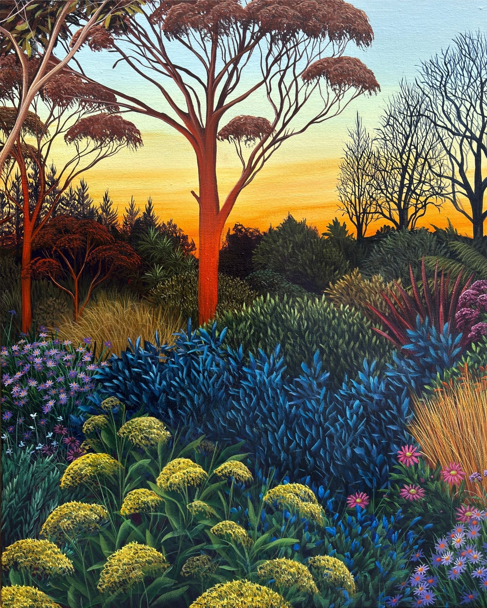 Close up of middle panel in original garden scape painting from Anna Evans
