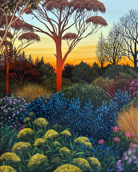 Close up of middle panel in original garden scape painting from Anna Evans