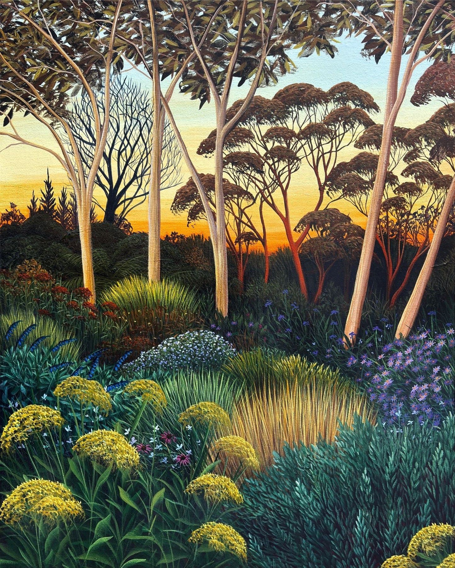 Close up of first panel in original garden scape painting from Anna Evans