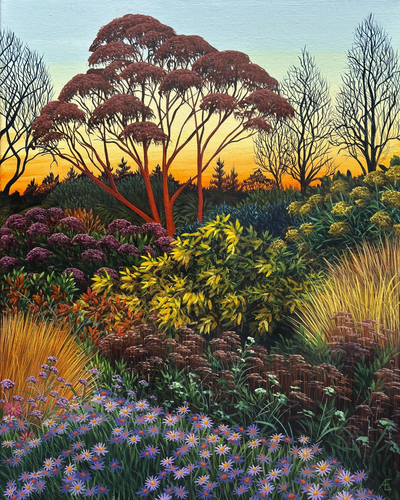 Close up of third panel in original garden scape triptych painting from Anna Evans