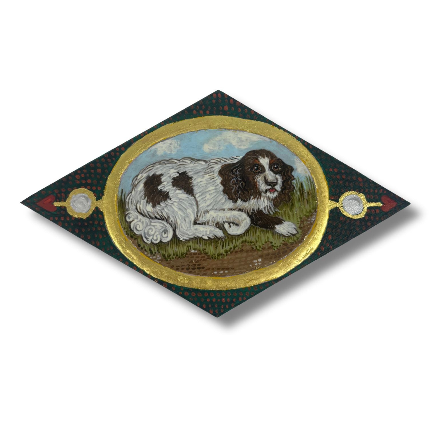 Diamond shaped birch panel with a Victorian inspired spaniel painting.