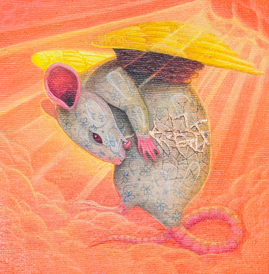 A stylised painting of a grey mouse with blue floral patterns, pink ears and tail, and yellow wings, set against a warm orange and pink background.
