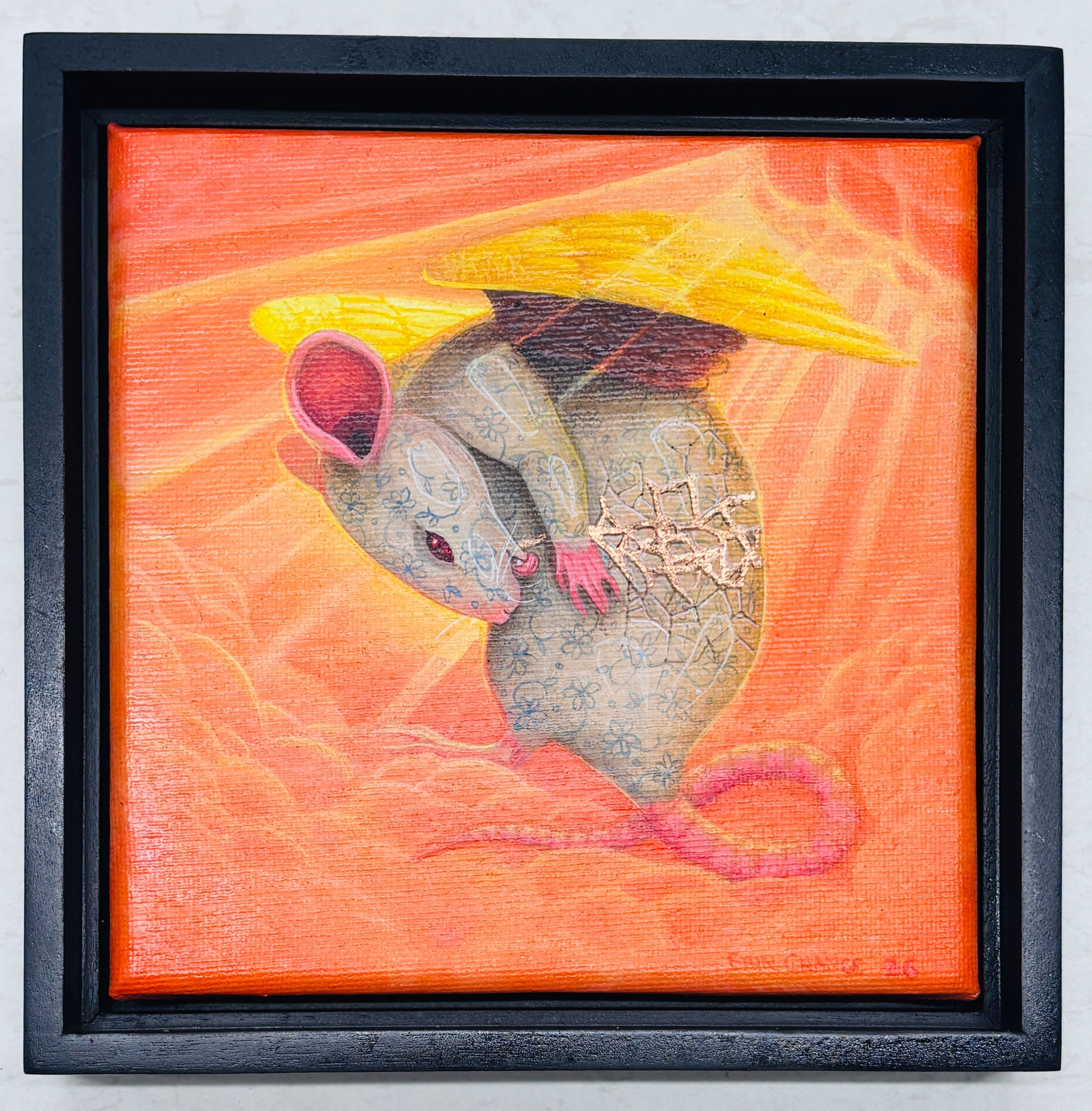 Framed canvas painting of a winged mouse by  Erin Chance. 