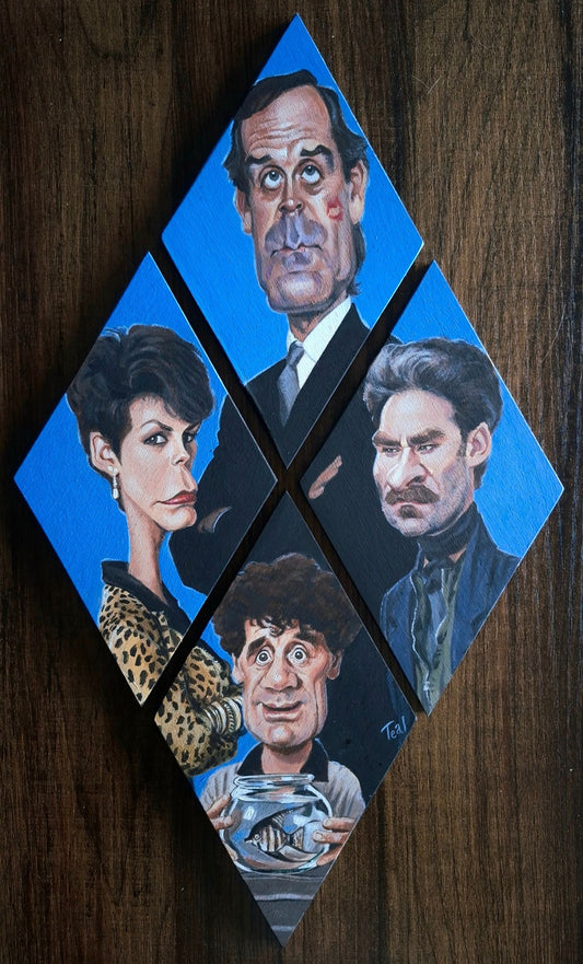 Four diamond shaped panels featuring the cast of ‘A Fish Named Wanda’
